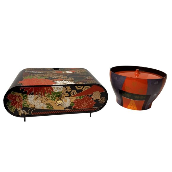 Vintage Japanese Lacquerware Box & Bowl Set With Lid - Picture 1 of 12